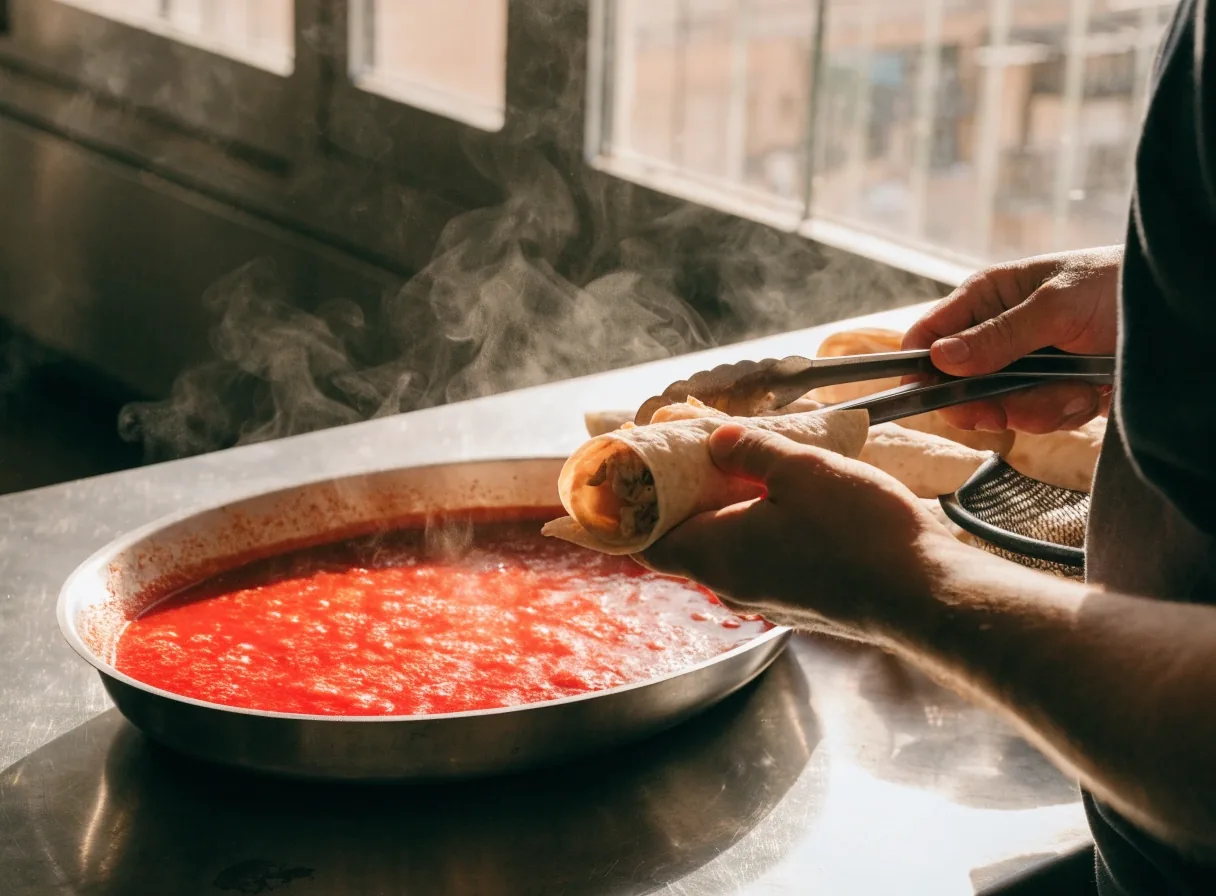 Counter worker portioning rice into a bowl
