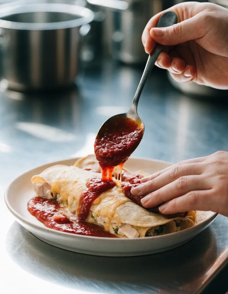 Enchiladas with red chile on a matte plate
