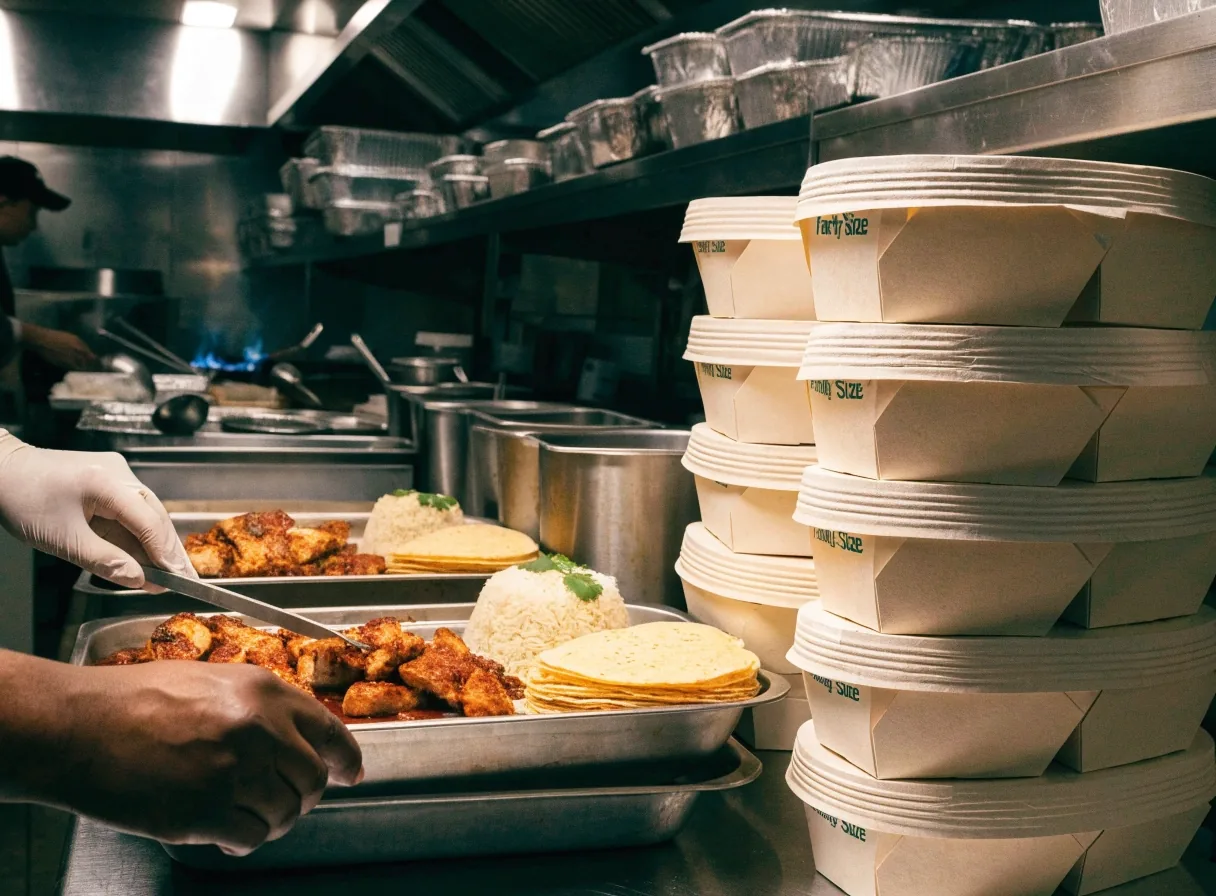 Counter line mid-service with bowls and a hand reaching for salsa