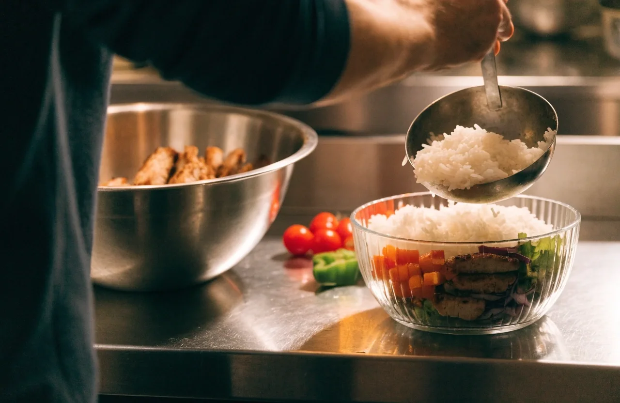 Employee portioning rice into a bowl at the counter