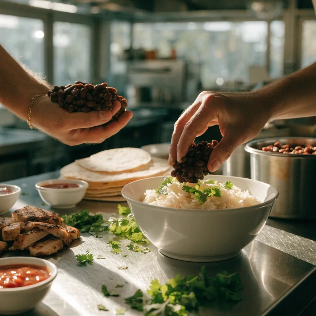 Family meal components spread on a counter for building plates