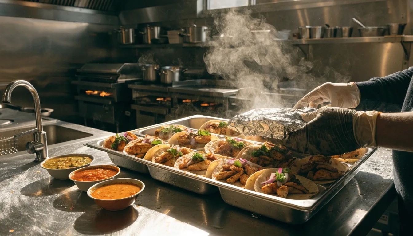 Foil catering trays on a stainless prep table with steam rising