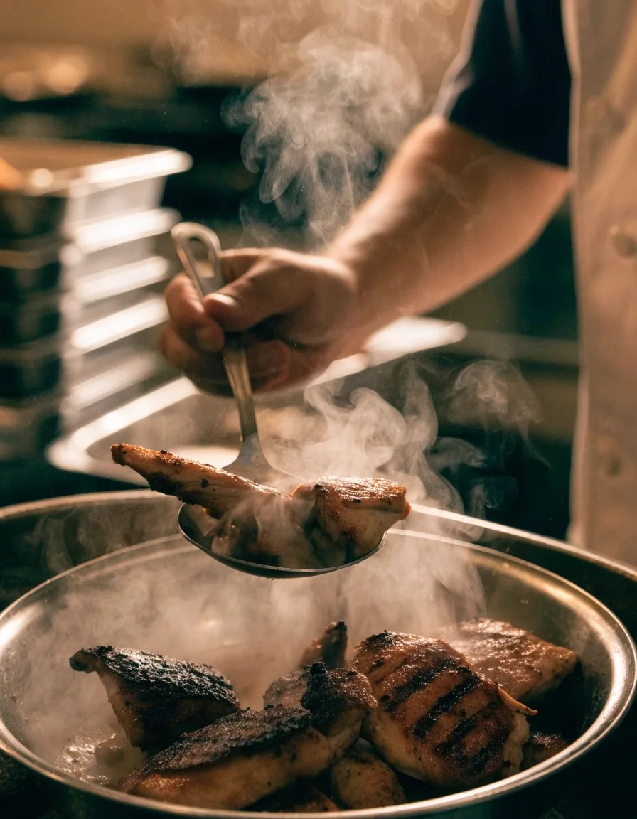 Grilled chicken with char marks on a flat-top