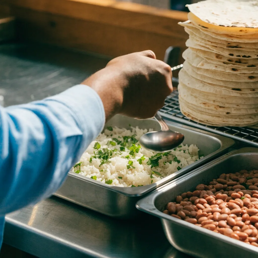 Rice and beans in steel pans with a serving spoon