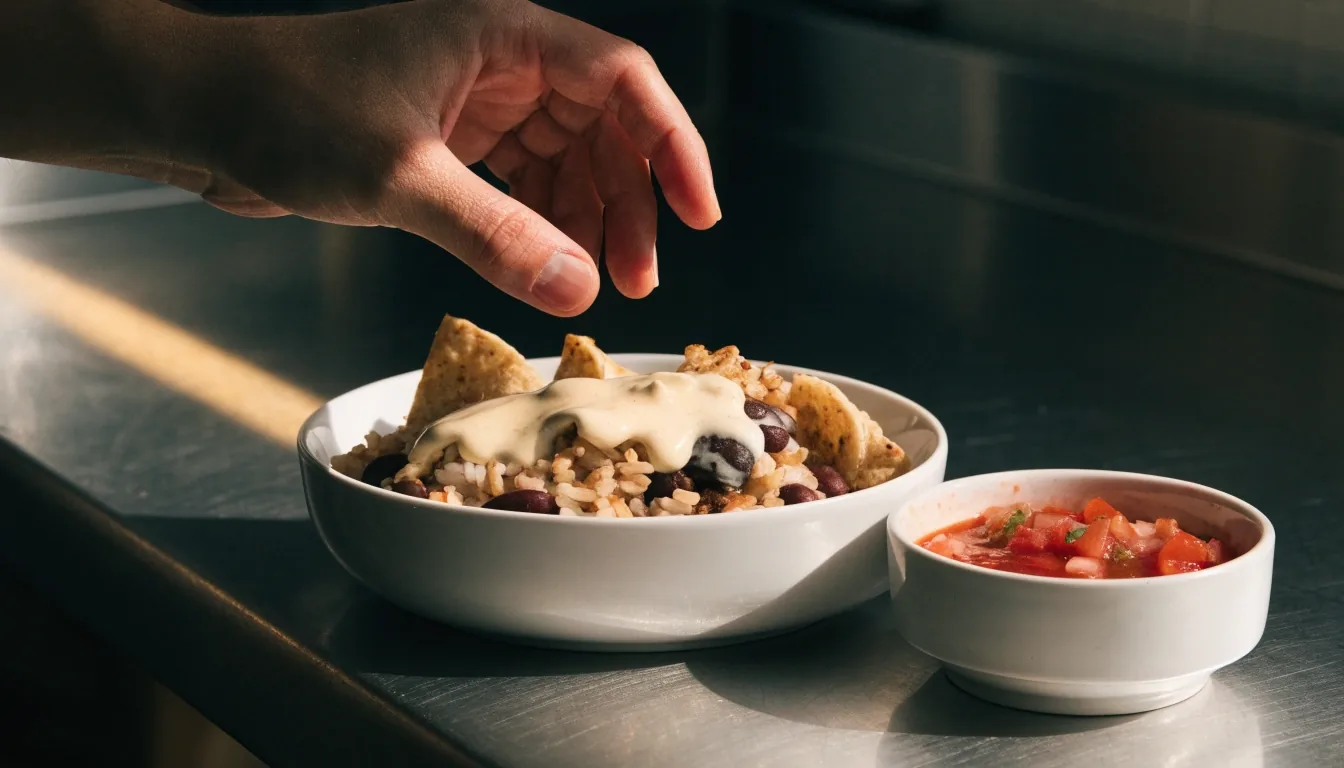 Finished burrito bowl on a stainless counter beside a small salsa bowl