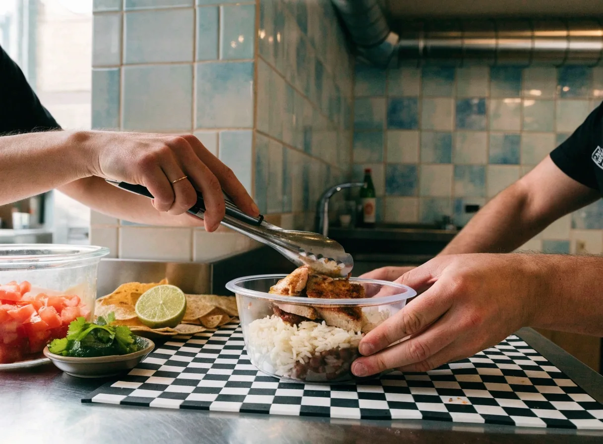Build-your-own burrito bowl with grilled chicken and fresh toppings