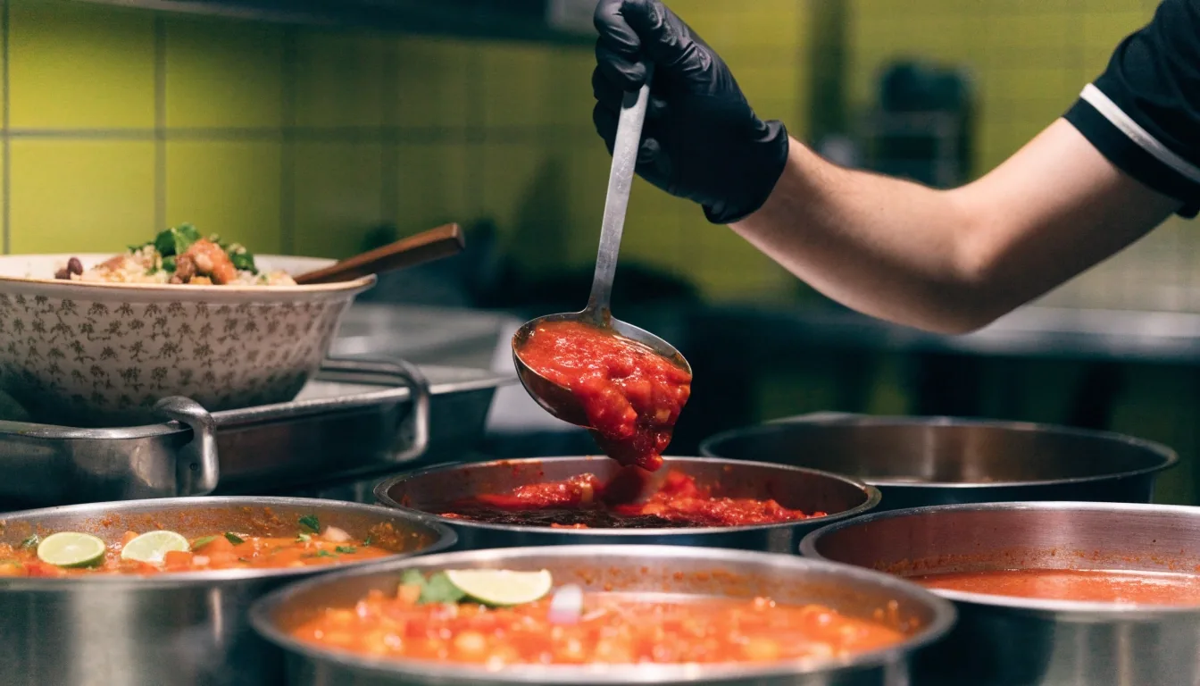 Finished burrito bowl with a side of salsa on a stainless counter