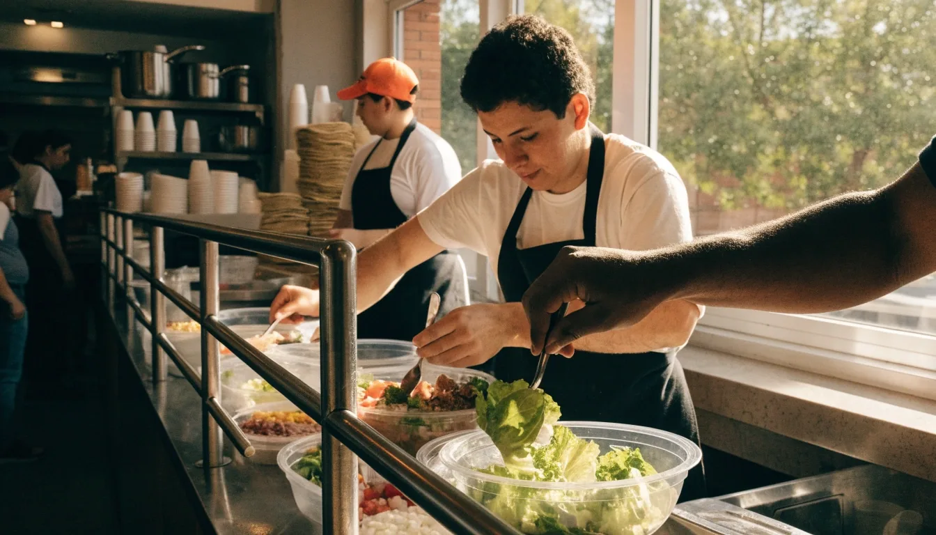 Mid-service counter line at a fresh Mexican grill