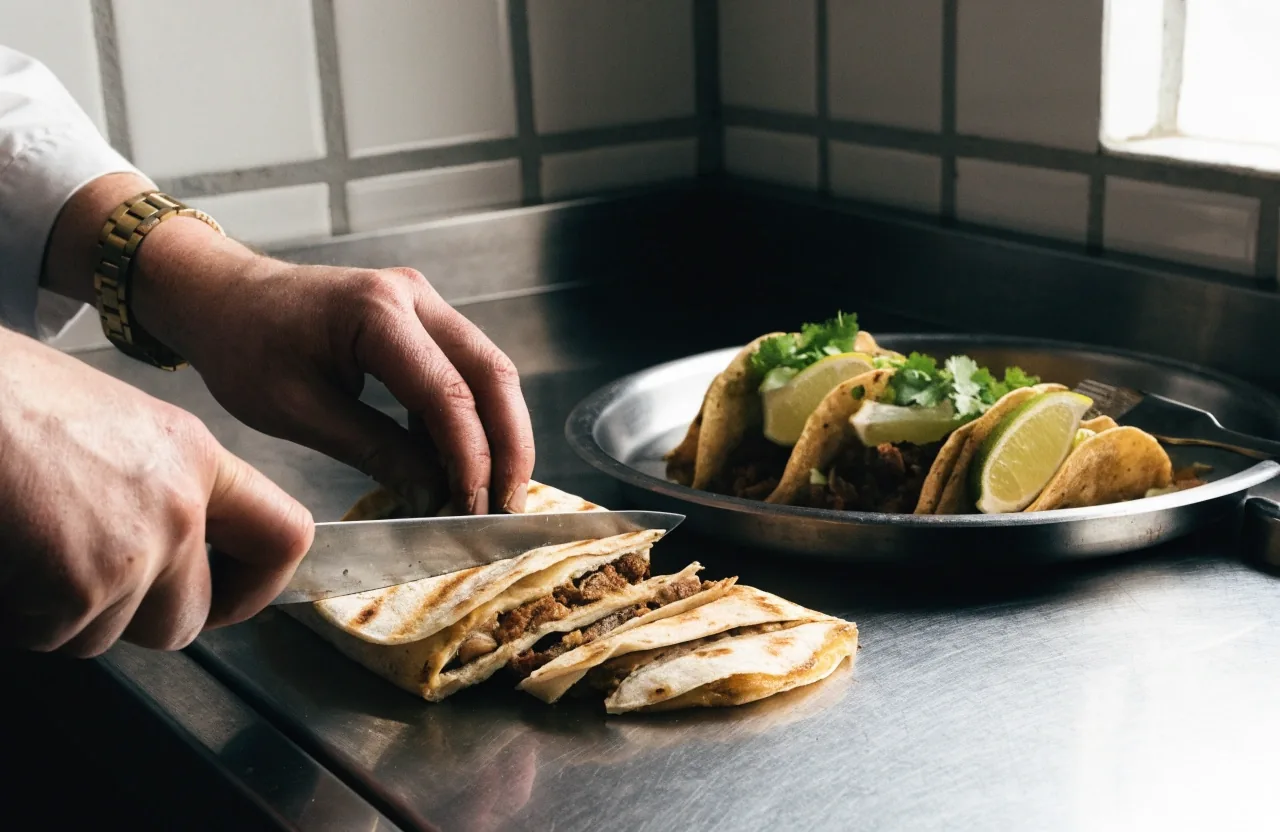 Street tacos with lime and cilantro on a tray