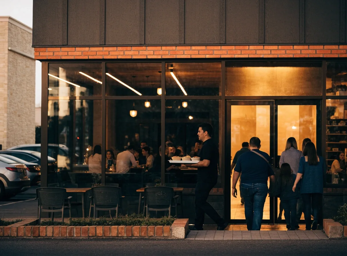 Fast casual restaurant exterior in warm evening light