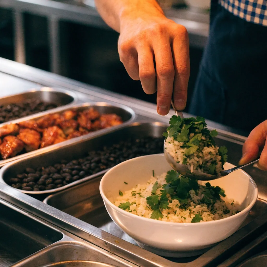 Portioning rice into a bowl at the counter