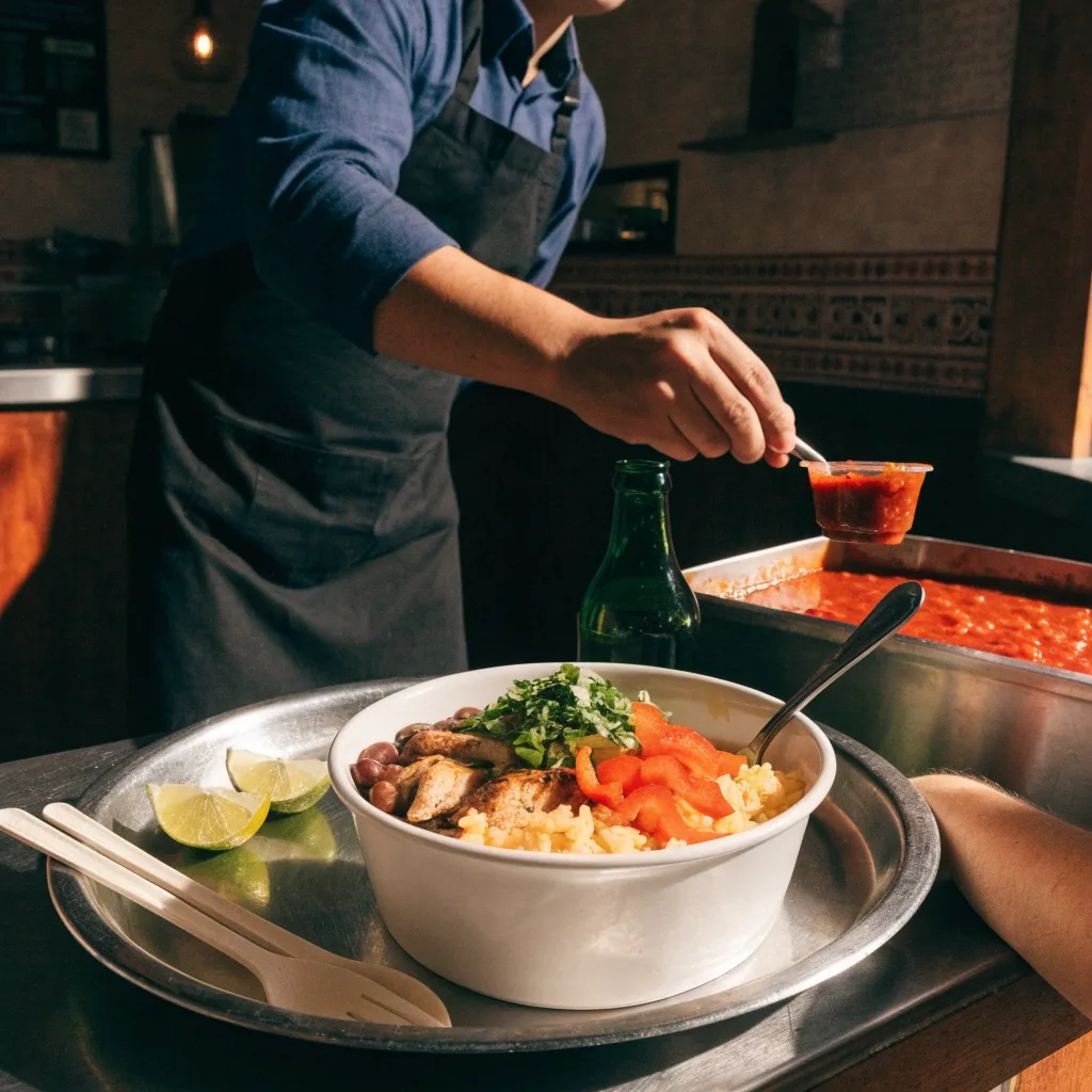 Burrito bowl being assembled with chicken and rice