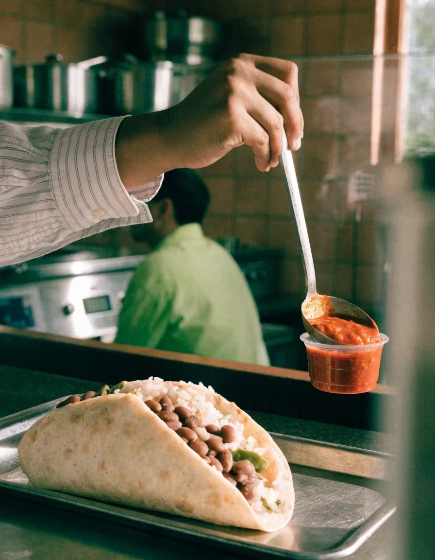 Costa Vida burrito cut open with rice and beans