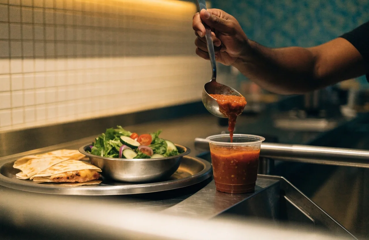 Quesadilla quarters beside a fresh salad bowl