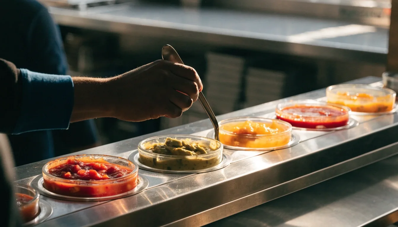 Salsa rail at a Costa Vida counter in morning light