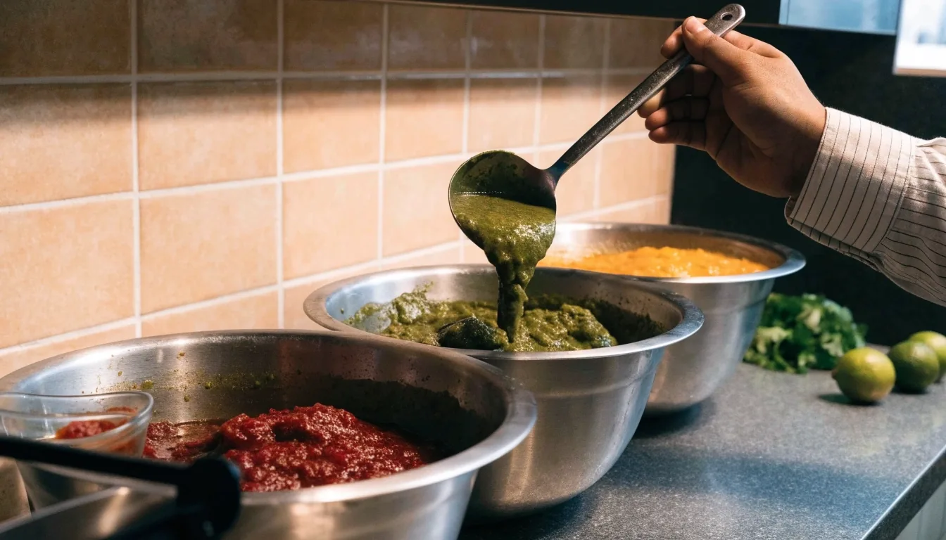 Salsa bar bowls with different salsas and ladles