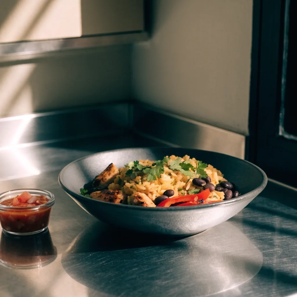 Finished burrito bowl on a stainless counter