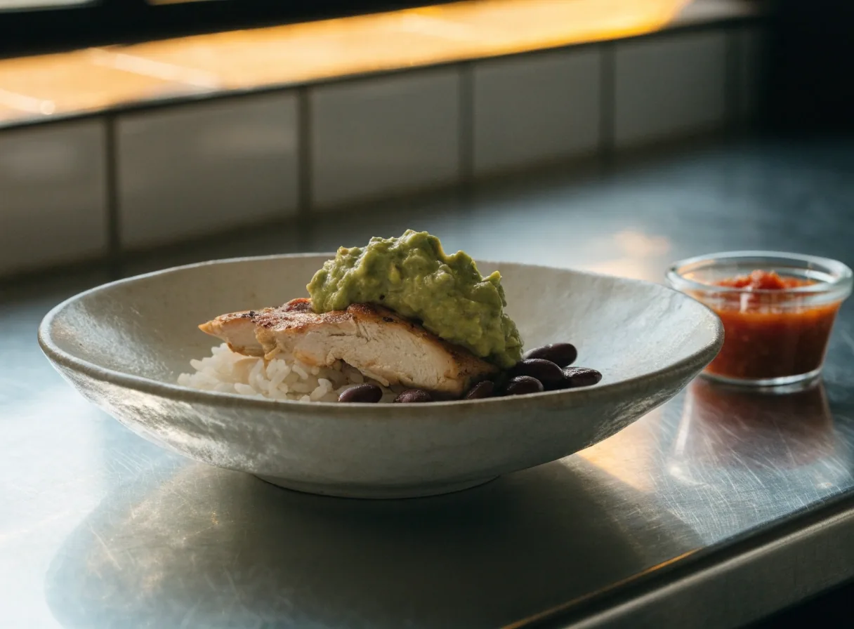 Finished burrito bowl with salsa on a stainless counter